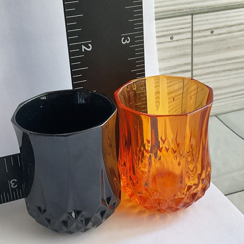 Vintage Diamond Point Faceted Shot Glasses Votive Cups Orange Black Set of 2 MCM